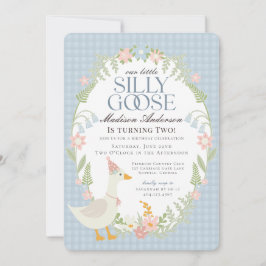 Blue Fånig Goose Blommigt Gingham Födelsedagsfest Inbjudningar