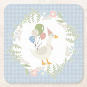 Blue Fånig Goose Blommigt Gingham Papper Underlägg Papper Kvadrat