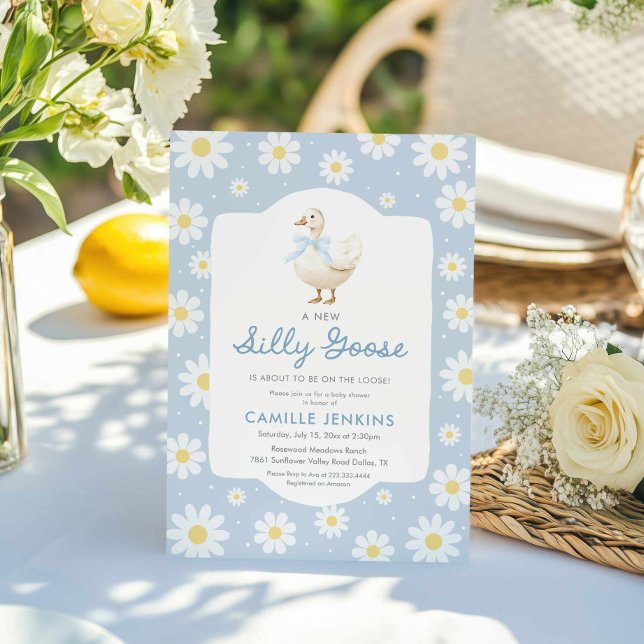 Blue Fånig Goose Boy Baby Shower-inbjudan Inbjudningar (Blue Silly Goose Boy Baby Shower Invitation)