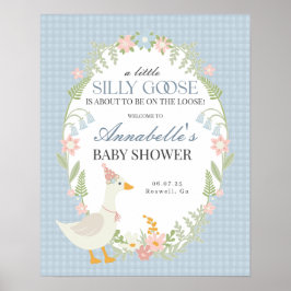 Blue Fånig Goose Gingham Baby Shower Välkomstskylt Poster