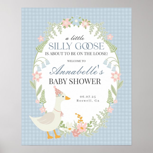 Blue Fånig Goose Gingham Baby Shower Välkomstskylt Poster (Framsidan)