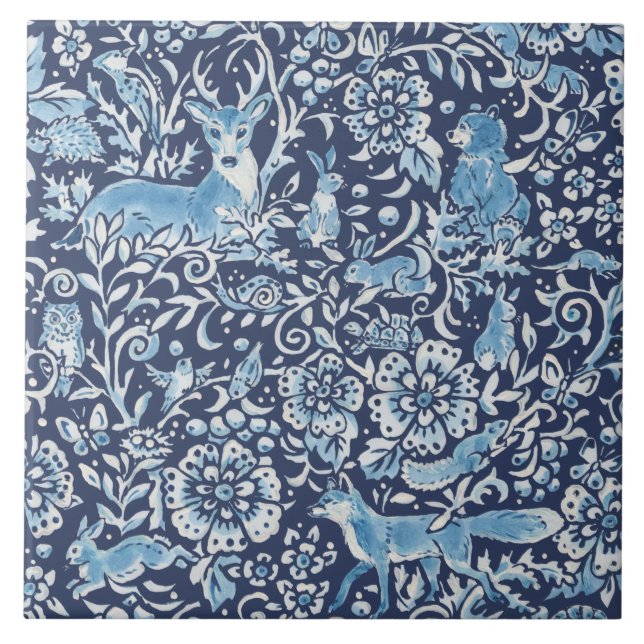 Blue Fantasy Forest Animals Woodland Fox Rabbit Kakelplatta (Framsidan)