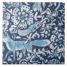 Blue Fantasy Forest Mural Skogen Fox Grund Höger Kakelplatta