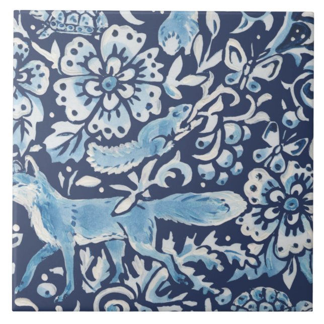 Blue Fantasy Forest Mural Skogen Fox Grund Höger Kakelplatta (Framsidan)