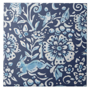 Blue Fantasy Forest Mural Skogen Rabbit Grund Lämn Kakelplatta