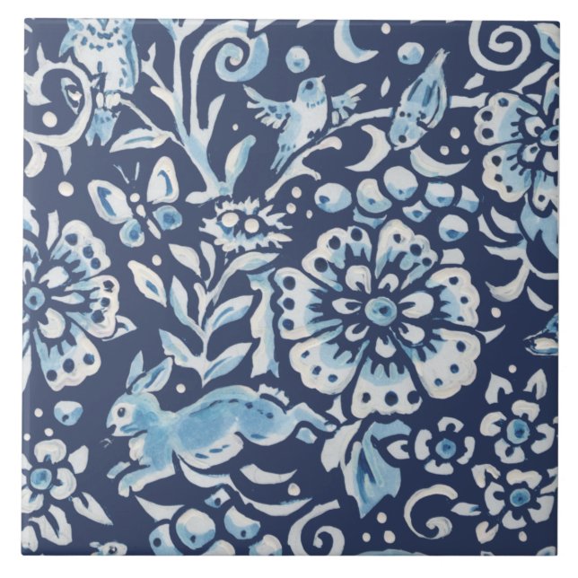 Blue Fantasy Forest Mural Skogen Rabbit Grund Lämn Kakelplatta (Framsidan)