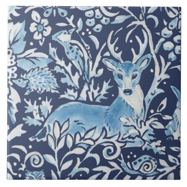 Blue Fantasy Forest Mural Woodland Hjort Top Lämna Kakelplatta (Framsidan)