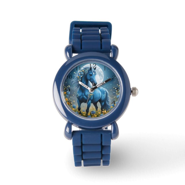 Blue Fantasy Magic Horse Måne Flowers Armbandsur (Framsida)
