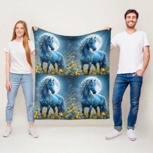 Blue Fantasy Magic Horse Måne Flowers Fleecefilt