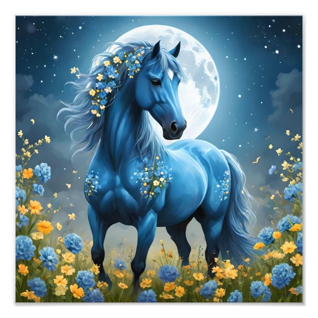 Blue Fantasy Magic Horse Måne Flowers Fototryck (Framsidan)