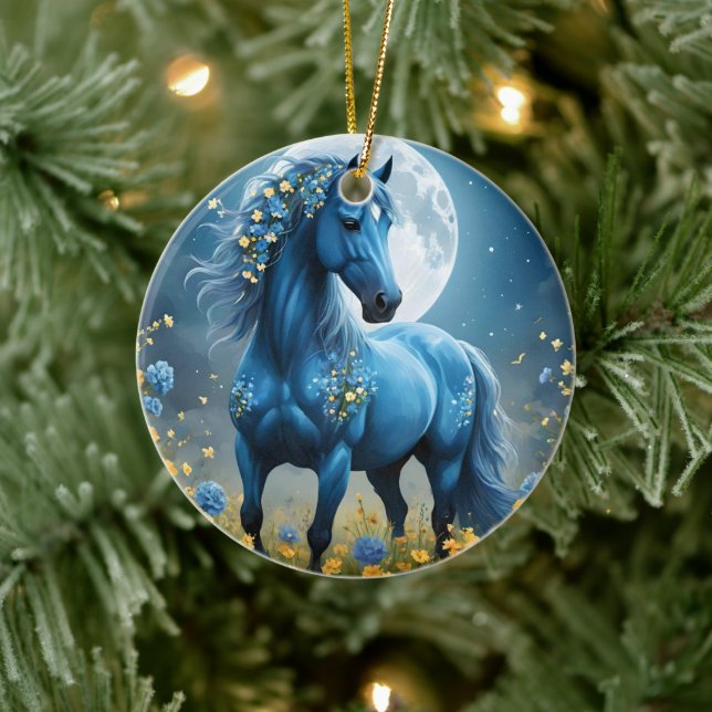 Blue Fantasy Magic Horse Måne Flowers Julgransprydnad Keramik (Träd)