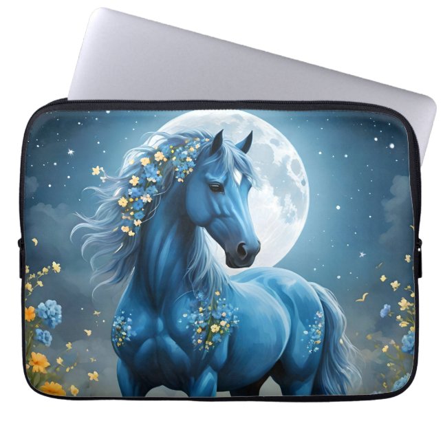 Blue Fantasy Magic Horse Måne Flowers Laptop Fodral (Framsidan)