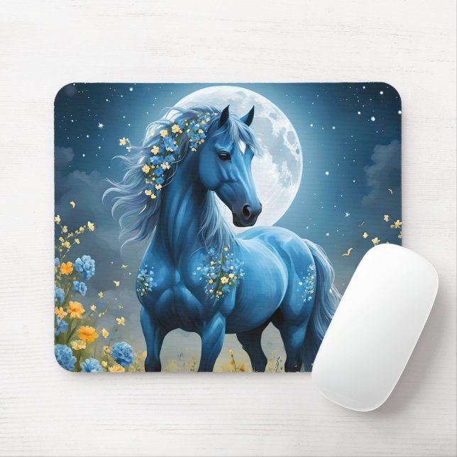 Blue Fantasy Magic Horse Måne Flowers Musmatta (Med mus)