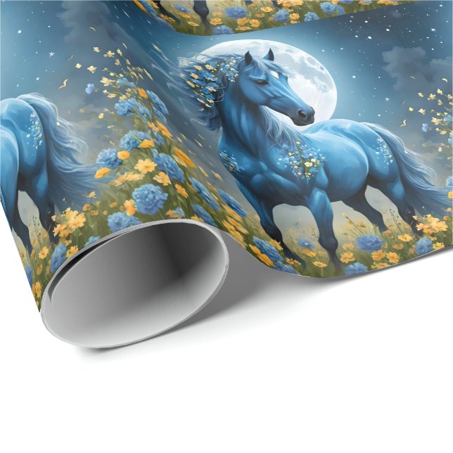 Blue Fantasy Magic Horse Måne Flowers Presentpapper (Rullad Hörn)