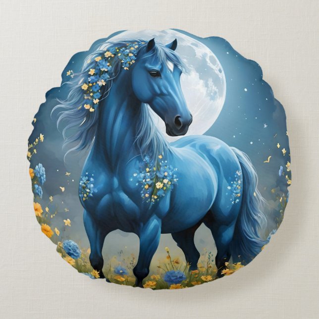 Blue Fantasy Magic Horse Måne Flowers Rund Kudde (Framsidan)
