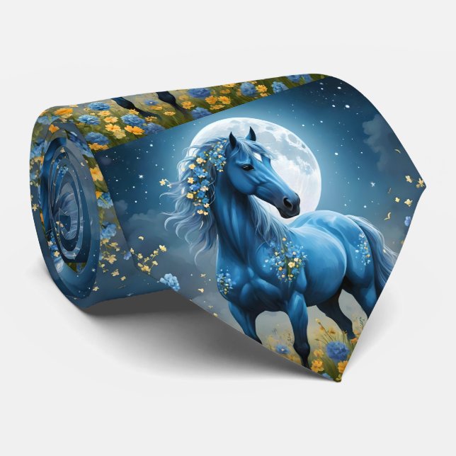 Blue Fantasy Magic Horse Måne Flowers Slips (Rullad)