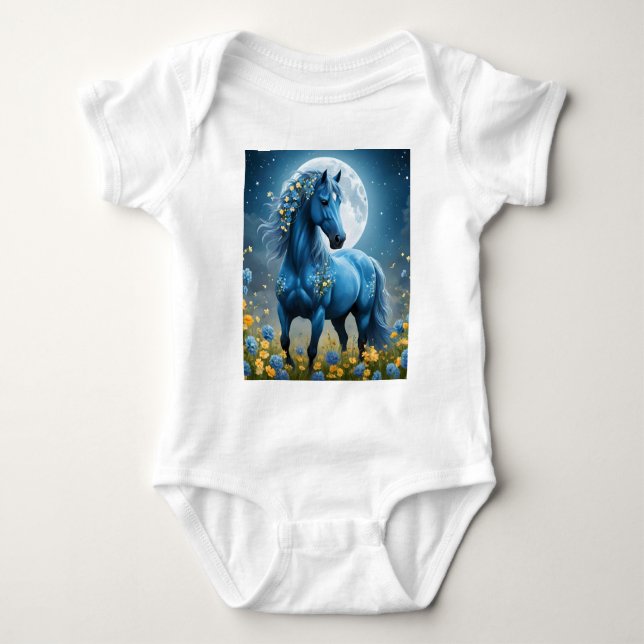 Blue Fantasy Magic Horse Måne Flowers T Shirt (Framsida)