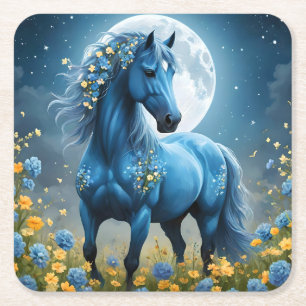 Blue Fantasy Magic Horse Måne Flowers Underlägg Papper Kvadrat