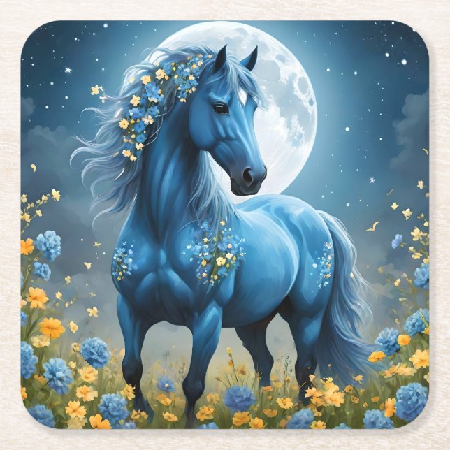 Blue Fantasy Magic Horse Måne Flowers Underlägg Papper Kvadrat (Framsidan)