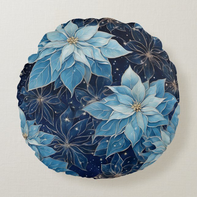 Blue Fantasy Poinsettia Rund Kudde (Framsidan)