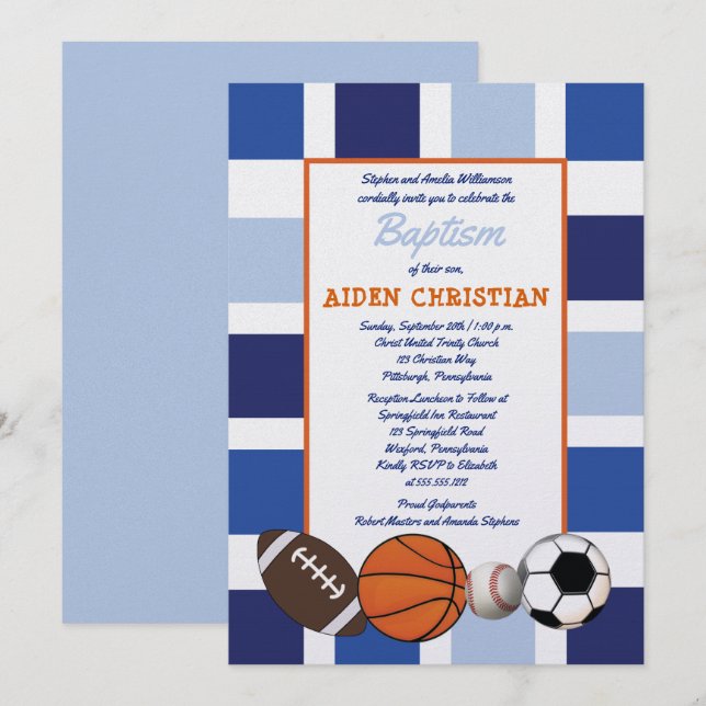 Blue Färg Block Sports Boy Baptism Inbjudningar (Fram/baksida)