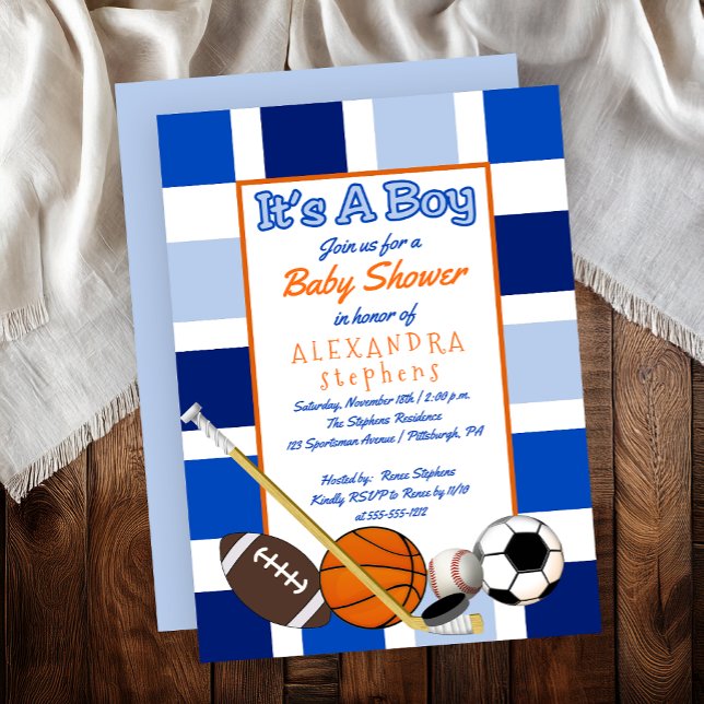 Blue Färg Block Sports Det är en pojkvän-babyskor Inbjudningar (Blue Blocks Football Basketball Hockey Baseball Soccer Sports "It's A Boy" Baby Shower Invitation)