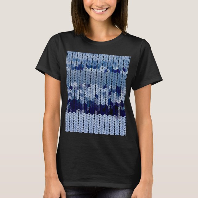 Blue Färgad Knitting Mönster T Shirt (Framsida)