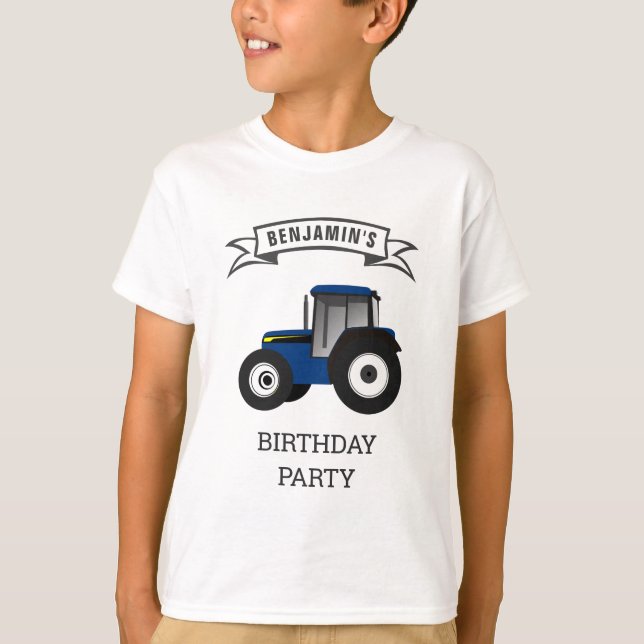 Blue Farm Tractor Barns födelsedag Party T Shirt (Framsida)