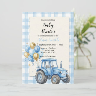 Blue Farm Tractor Boy Baby Shower Inbjudningar
