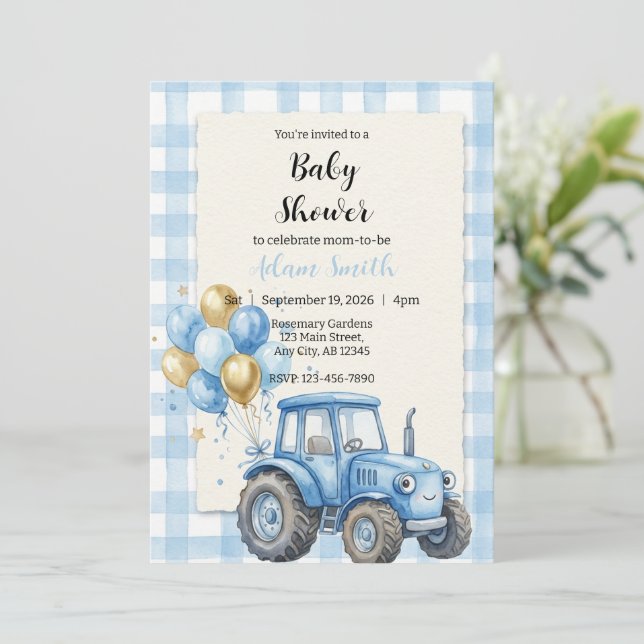 Blue Farm Tractor Boy Baby Shower Inbjudningar (Stående Fram)
