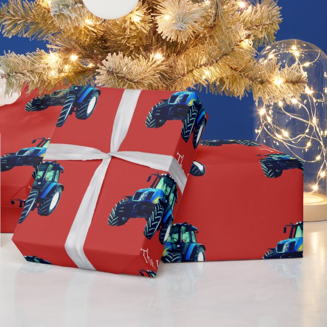 Blue Farm Trtors on Red jul Wrapping Papper Presentpapper (Helgdagar)