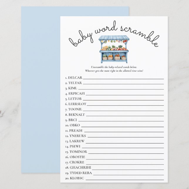 Blue Farmers Market Baby Shower Word Scramble Game (Fram/baksida)