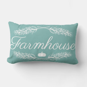 Blue Farmhouse Wheat Stalk Laurels Pumpkin & Namn Lumbarkudde