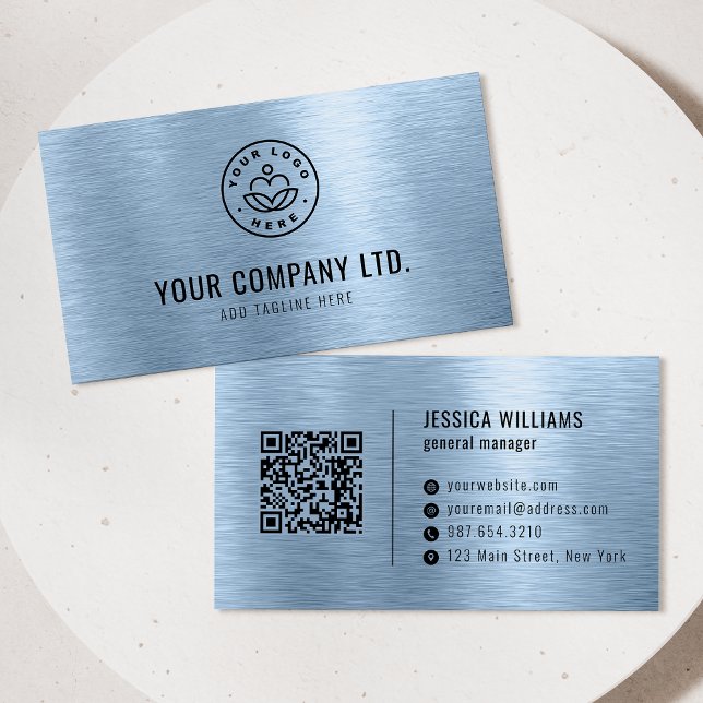 Blue Faux Brushed Metal Professional QR Code Visitkort (Skapare uppladdad)