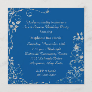 Blue Faux Diamond Swirl Sweet 16 Födelsedagsfester Inbjudningar