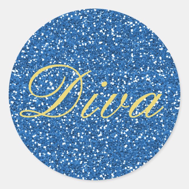 Blue Faux Glitter Diva Runt Klistermärke (Framsida)