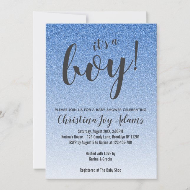 Blue Faux Glitter Guld Ombre Boy Shower Card Inbjudningar (Framsida)