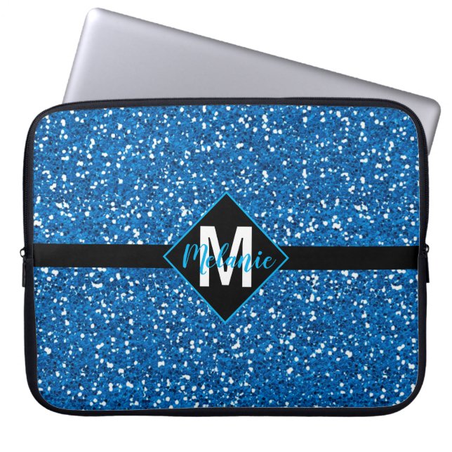 Blue Faux Glitter med Monogram Laptop Fodral (Framsidan)