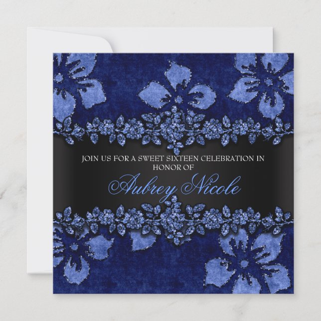 Blue Faux Glitter & Velvet Blommigt Sweet sixteen Inbjudningar (Framsida)