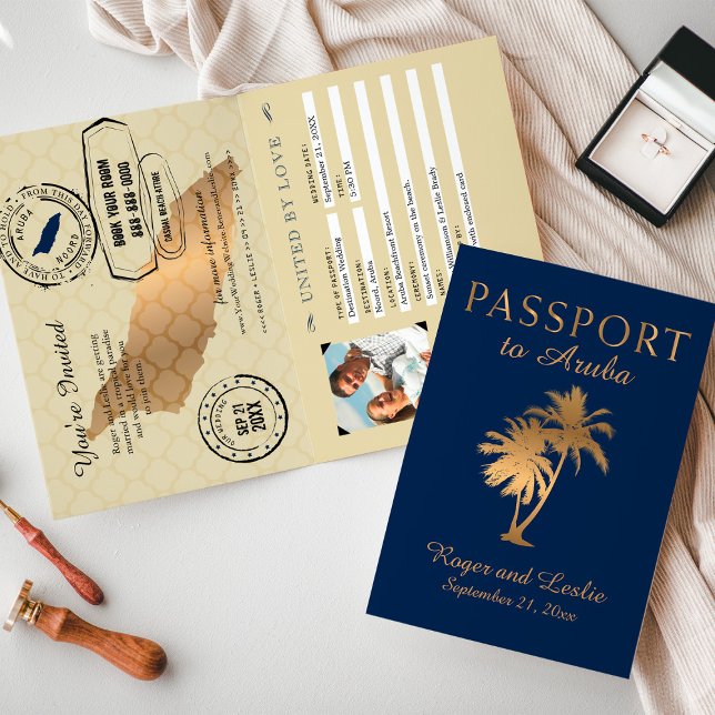 Blue Faux Gold Foil Aruba Pass Bröllop Inbjudan (Skapare uppladdad)