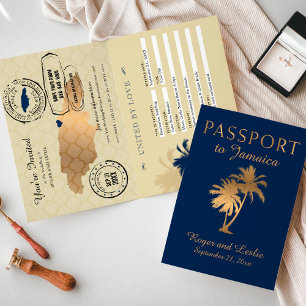 Blue Faux Gold Foil Jamaica Bröllop Passport Invit Inbjudan