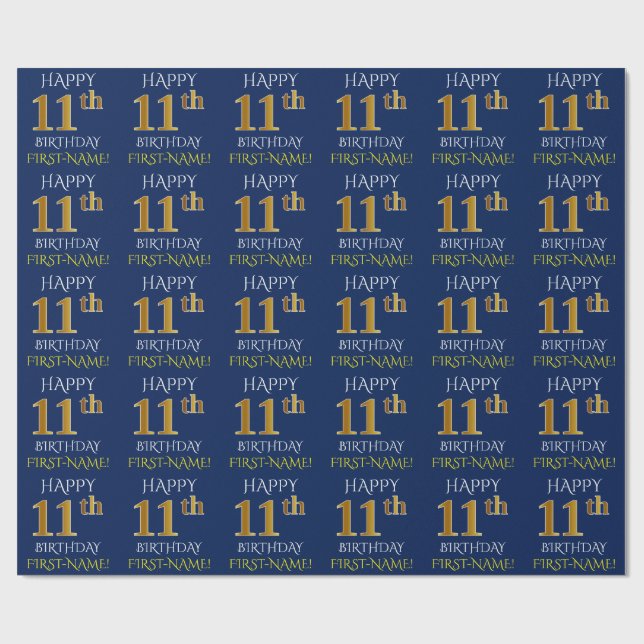 Blue, Faux Guld ’LYCKLIG 11 BIRTHDAY’ Presentpapper (Platt)