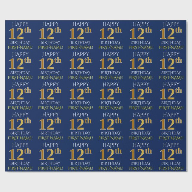 Blue, Faux Guld ’LYCKLIG 12:e BIRTHDAY’ Presentpapper (Platt)