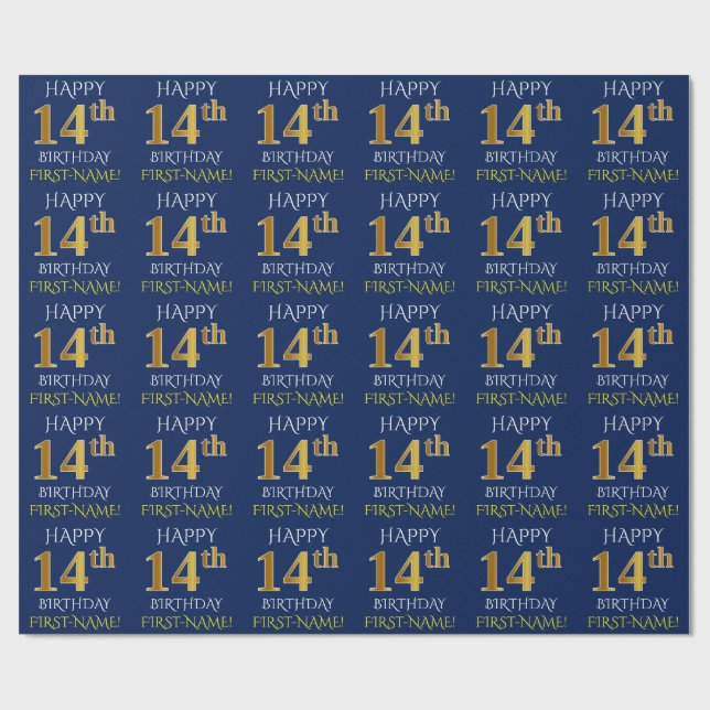 Blue, Faux Guld "LYCKLIG 14:e BIRTHDAY" Presentpapper (Platt)