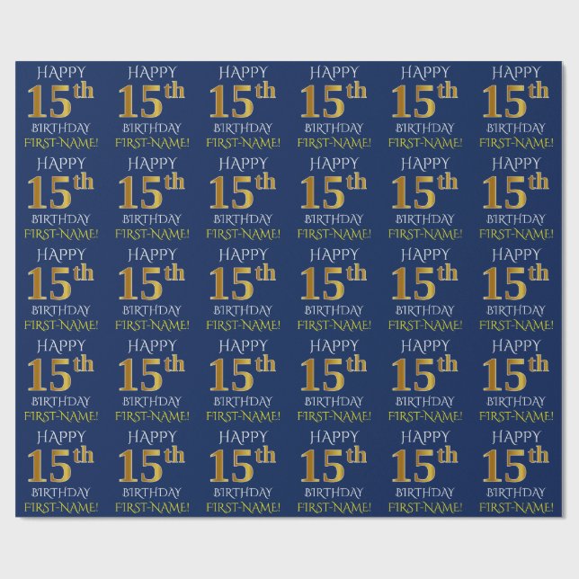 Blue, Faux Guld ’LYCKLIG 15 BIRTHDAY’ Presentpapper (Platt)