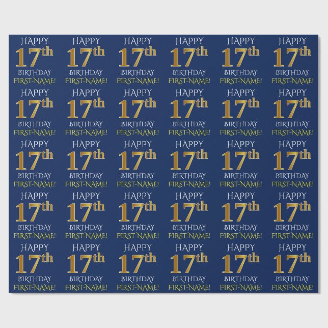 Blue, Faux Guld ’LYCKLIG 17:e BIRTHDAY’ Presentpapper (Platt)