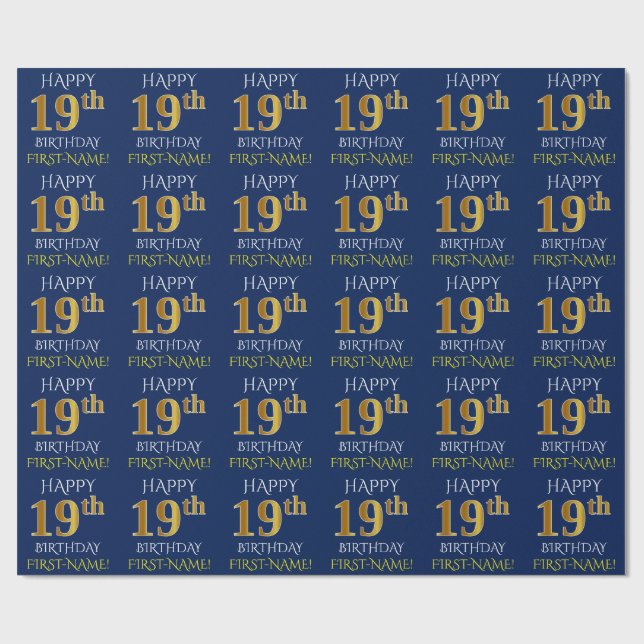 Blue, Faux Guld ’LYCKLIG 19th BIRTHDAY’ Presentpapper (Platt)