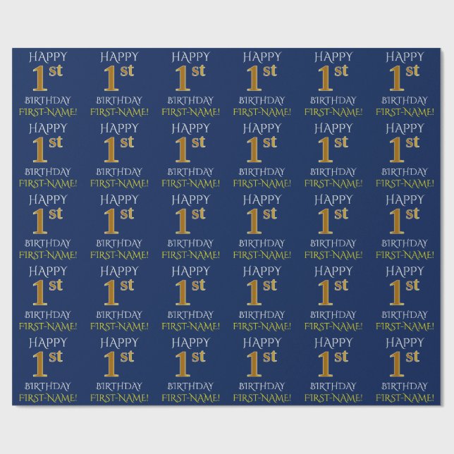 Blue, Faux Guld "LYCKLIG 1st BIRTHDAY" Presentpapper (Platt)