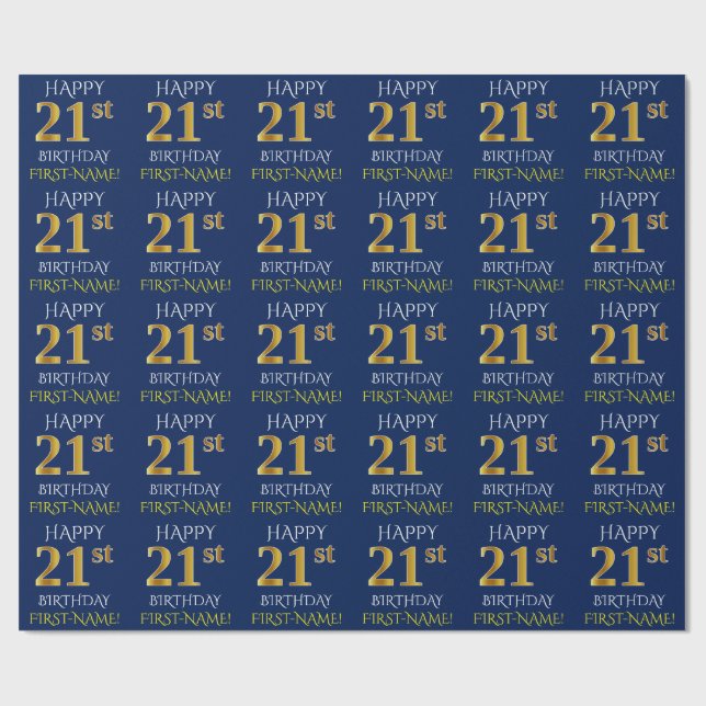 Blue, Faux Guld "LYCKLIG 21:a BIRTHDAY" Presentpapper (Platt)