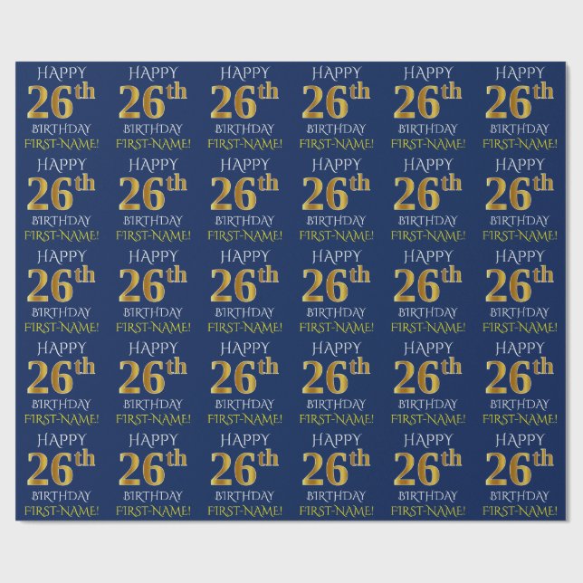Blue, Faux Guld "LYCKLIG 26:e BIRTHDAY" Presentpapper (Platt)
